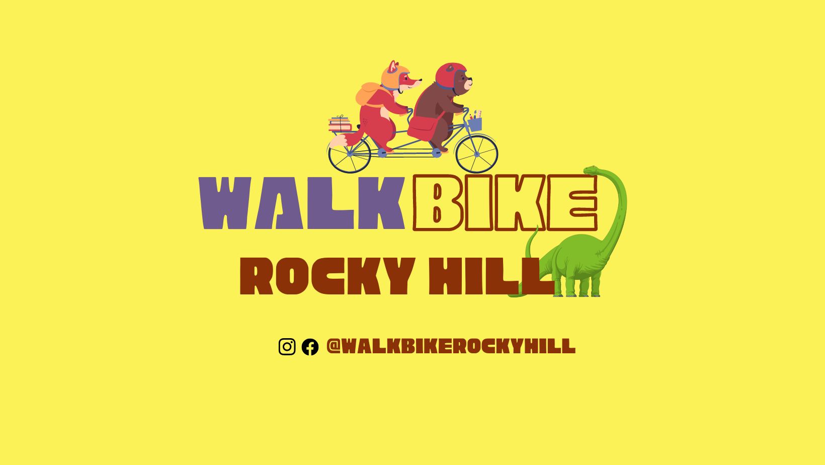 a logo, two cute animals ride a bike by a dinosaur, walk bike rocky hill